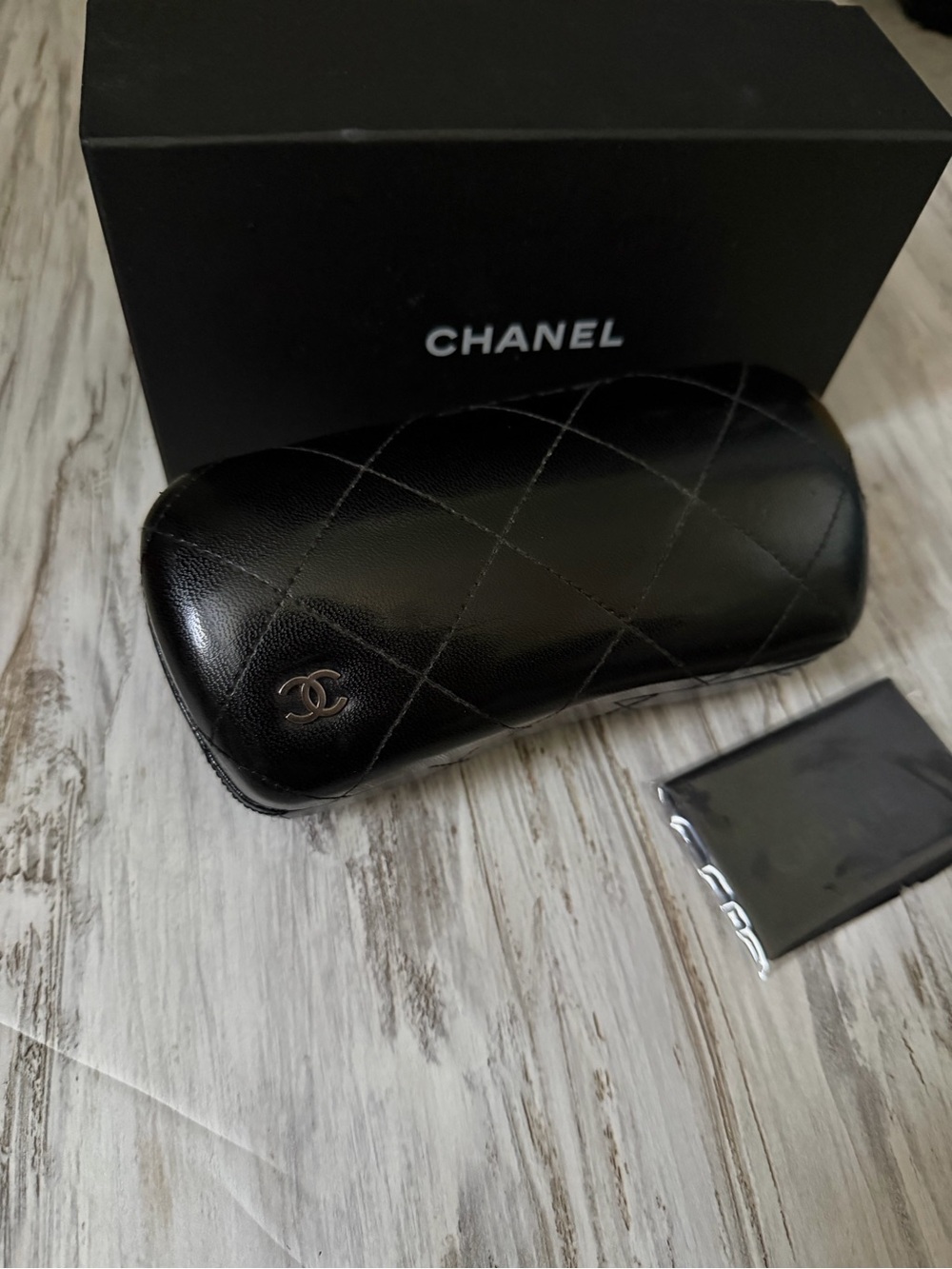 CHANEL Black Quilted Leather sunglasses or glasses Case with box glasses cloth